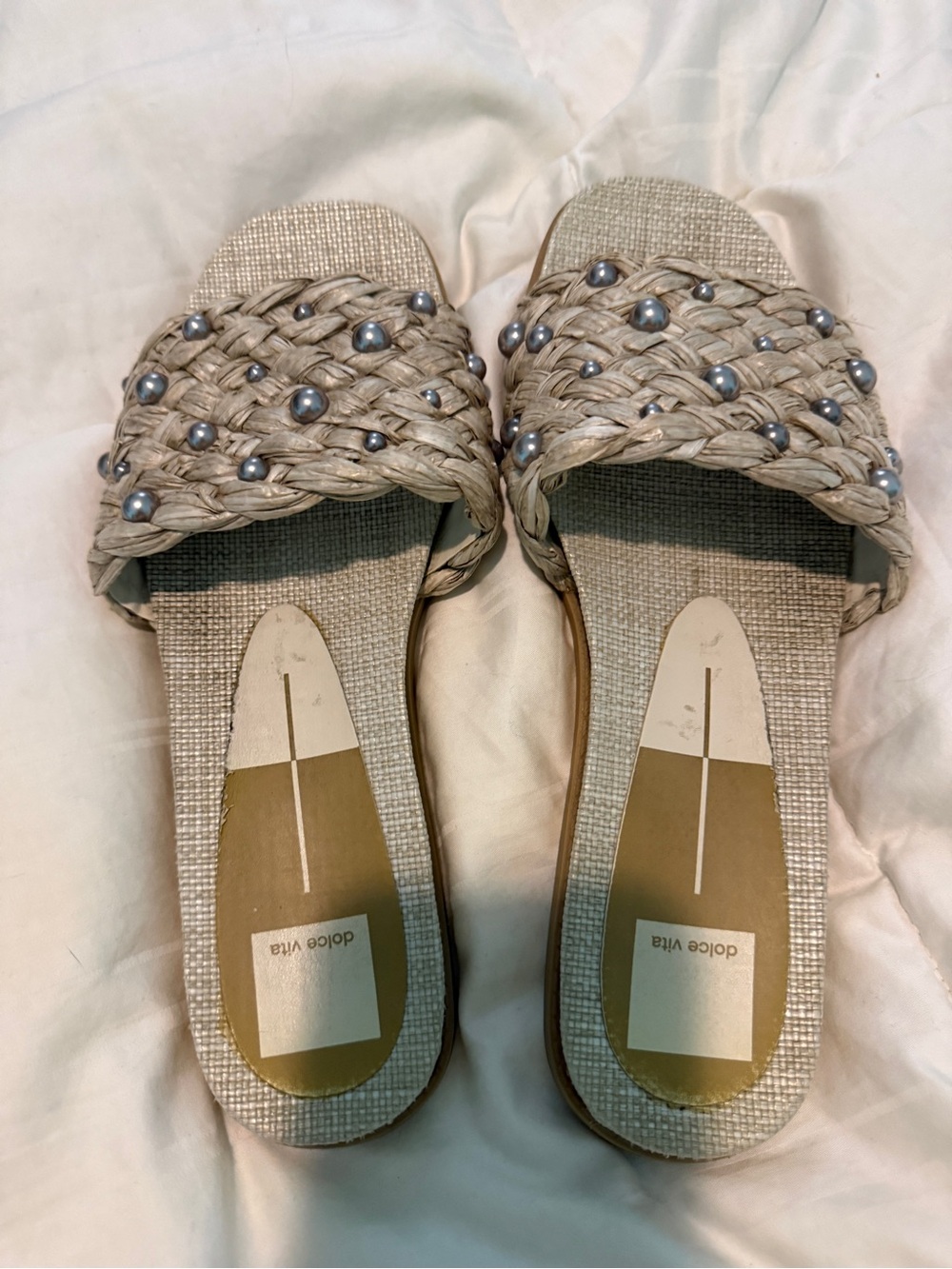 Dolce Vita Braided Pearl-Embellished Slide Sandals in Beige